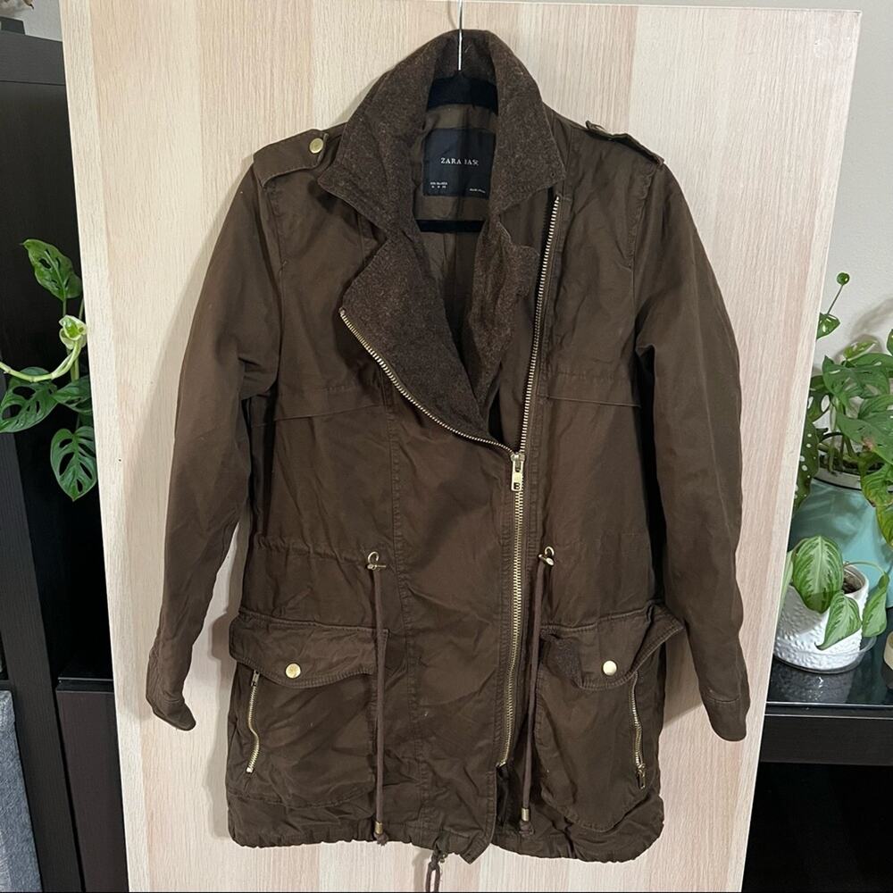 Zara Basic Brown Cotton Crossover Parka Jacket Medium - Picture 2 of 5